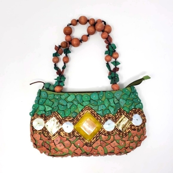 Sun N Sand Straw Beaded Bag Boho Abalone Accent Woven Tote Boho Beach Festival - Picture 1 of 11